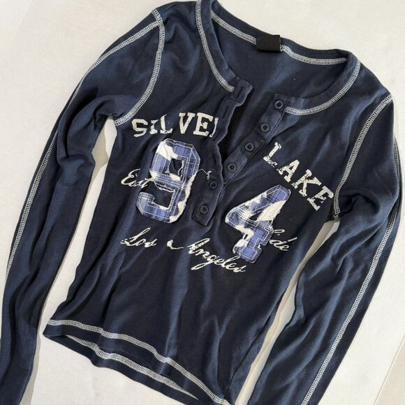 Urban Outfitters Tops - Urban Outfitter Silver Lake 94 Applique Graphic Long Sleeve Henley Tee, XXS Blue